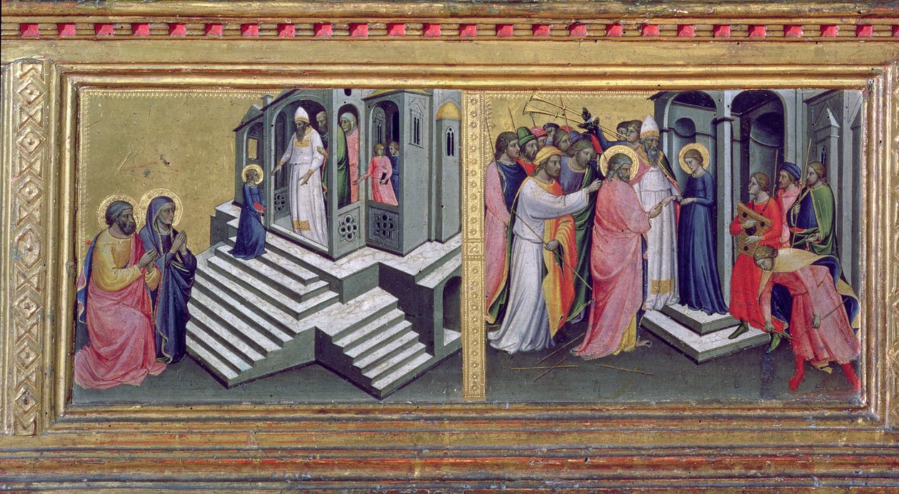 Madone et Enfant avec des Saints, détail de la prédelle représentant la Présentation au Temple et le Mariage de la Vierge (détail) - Mariotto di Nardo