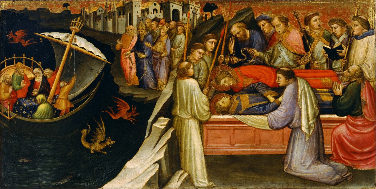 Prédelle du retable représentant la "Biographie de saint Étienne" : voyage transportant le corps de saint Étienne / enterrement conjoint des corps de saint Étienne et de saint Laurentien. - Mariotto di Nardo