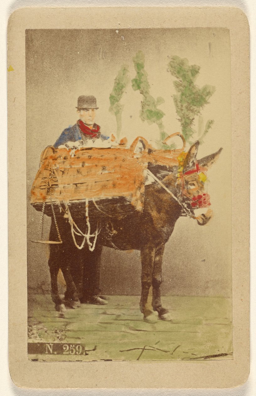 [Homme non identifié avec une mule transportant des paniers de nourriture]. - Marittima