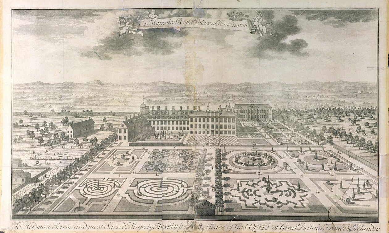 Vue aérienne des jardins du palais de Kensington, gravée par Johannes Kip (c.1652-1722) pub. par J. Smith, 1724 - Mark Anthony Hauduroy