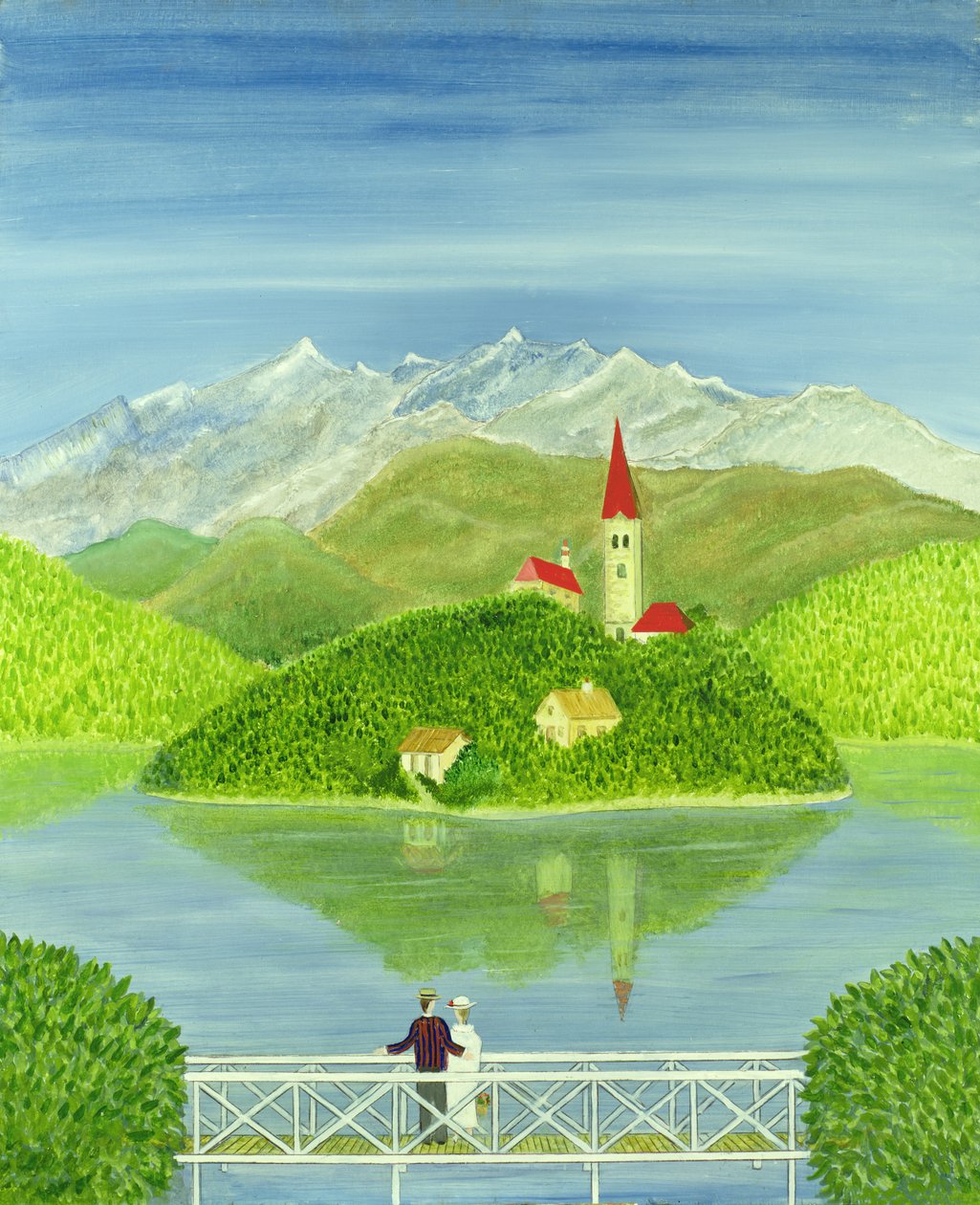 Amoureux sur le pont avec les montagnes enneigées - Mark Baring