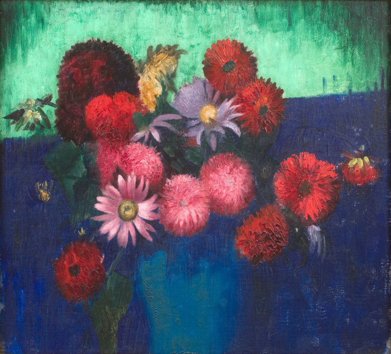 Nature morte, Dahlias et marguerites dans un vase bleu - Mark Gertler