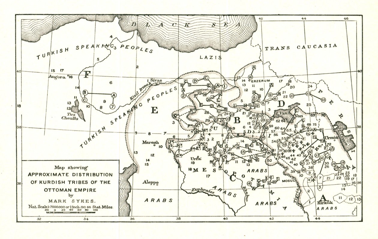 Carte montrant la distribution approximative des tribus kurdes de l