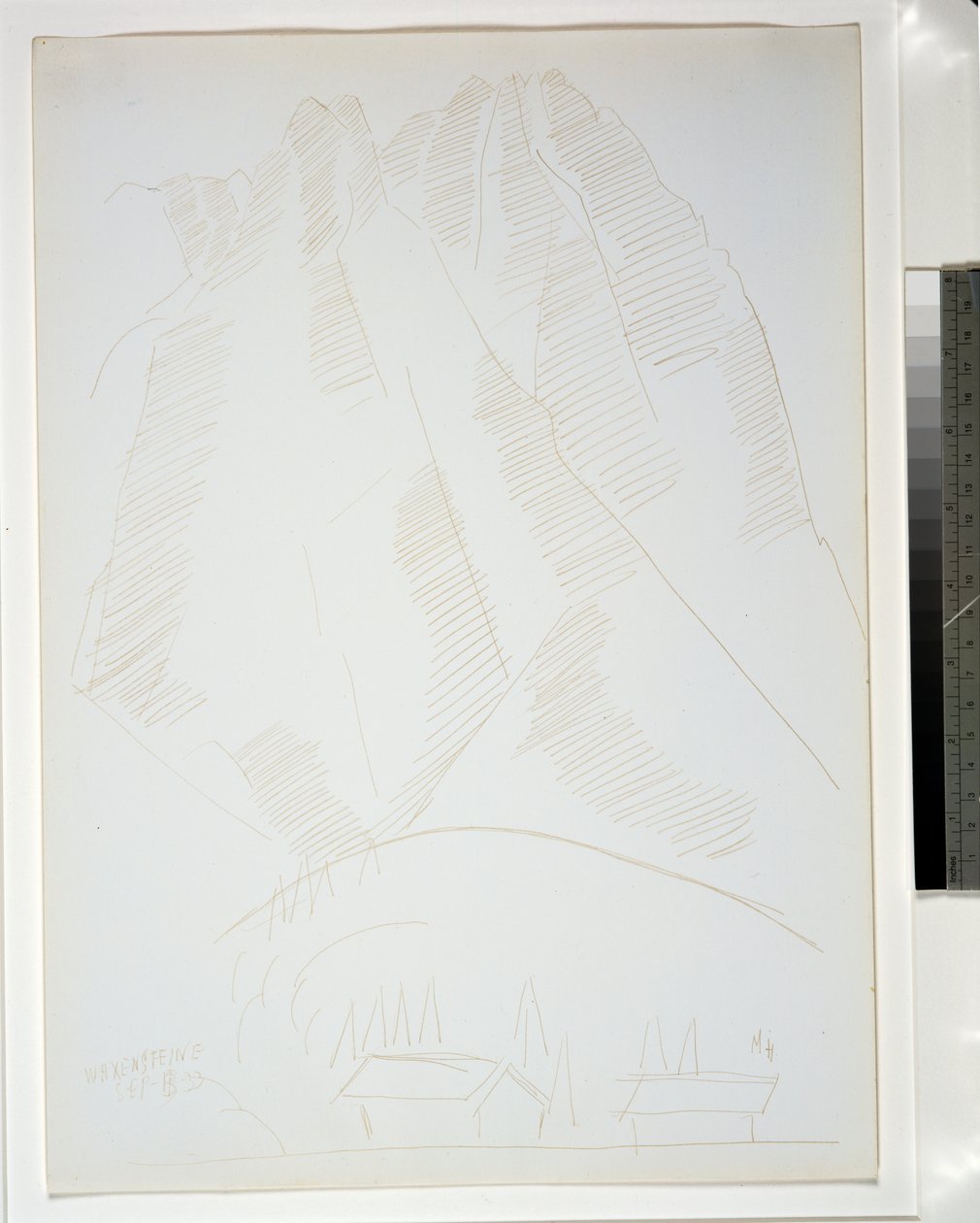 Paysage de montagne avec deux bâtiments au premier plan - Marsden Hartley