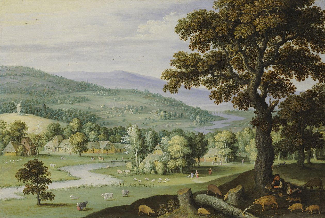 Une vallée fluviale avec un porcher se reposant sous un arbre au premier plan, un hameau au-delà - Marten Ryckaert