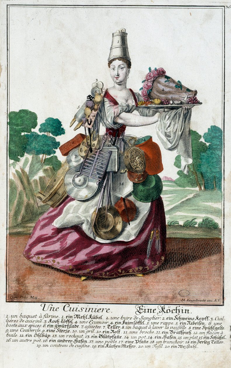 Un cuisinier. Gravure de Martin Engelbrecht dans "Nouvelle assemblée des manouvries habillées" 18ème siècle, Allemagne. Paris, Arts décoratifs - Martin Engelbrecht