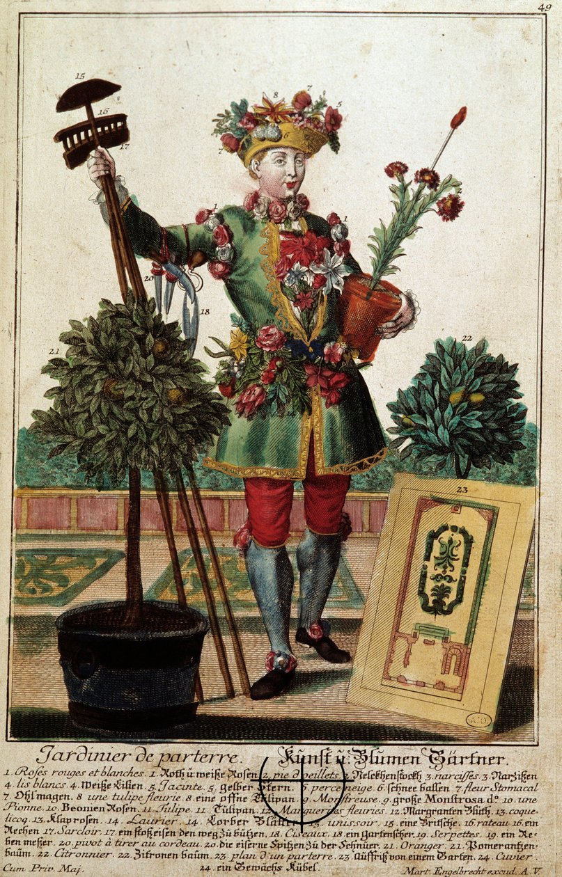 Un jardinier. Gravure de Martin Engelbrecht dans "Nouvelle assemblée des manouvriers habillés" 18ème siècle, Allemagne. Paris, Arts décoratifs - Martin Engelbrecht