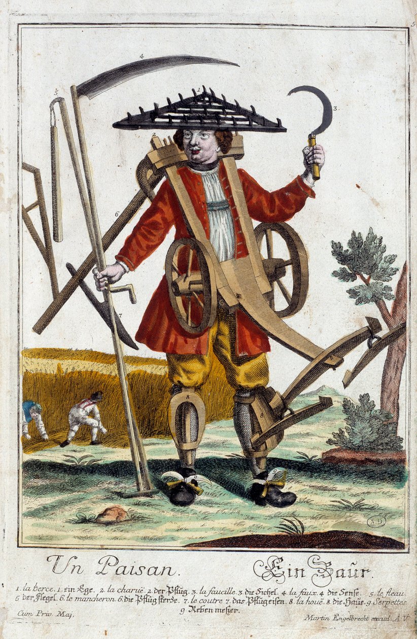 Un paysan. Gravure par Martin Engelbrecht (1684-1756), dans "Nouvelle assemblée des manouvries habillés" 18e siècle, Allemagne. Paris, Arts décoratifs - Martin Engelbrecht