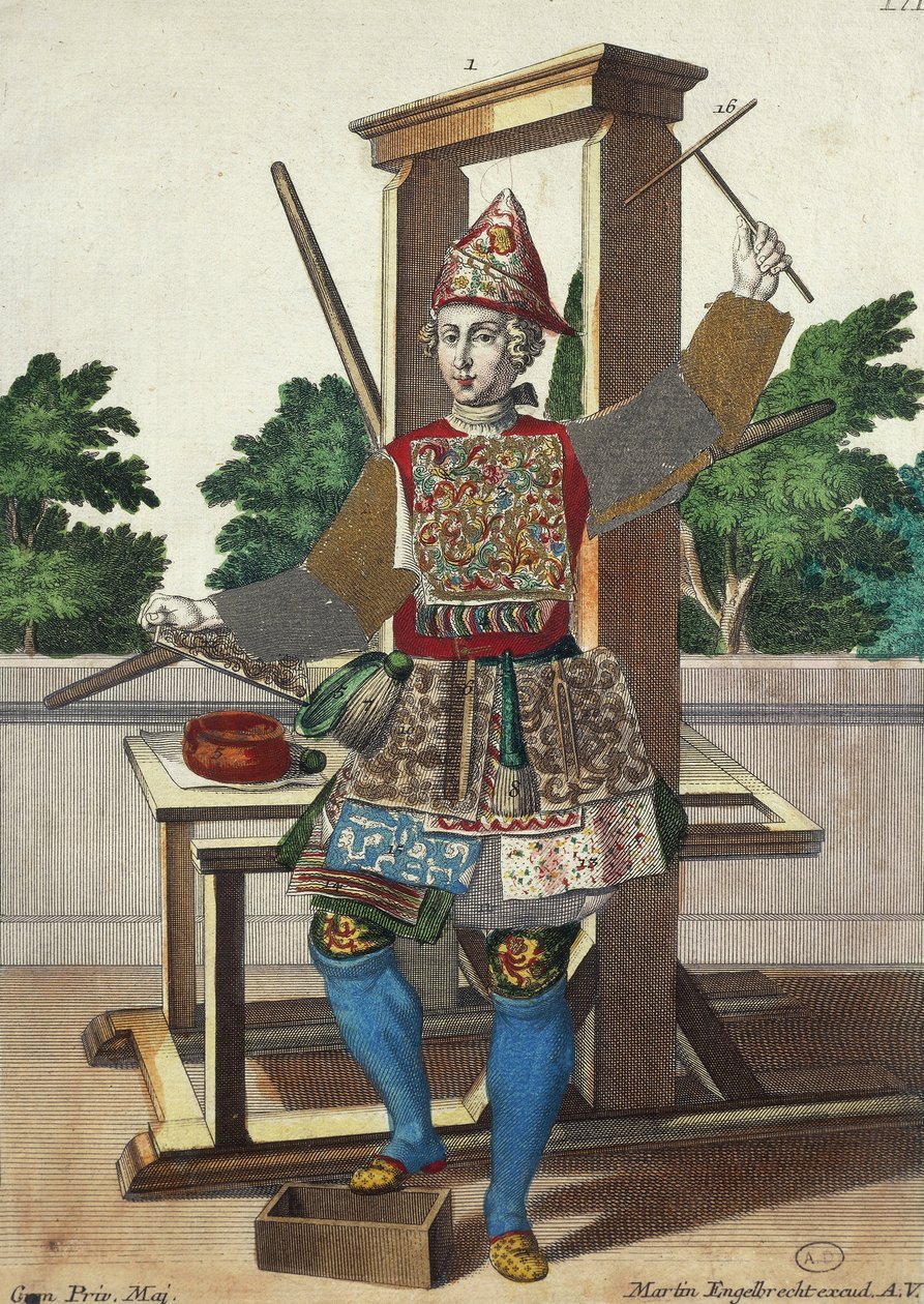 Fabricant de papiers colorés, gravure de Assemblage des nouveaux manouvriers habillés par Martin Engelbrecht (1684-1756), Allemagne - Martin Engelbrecht
