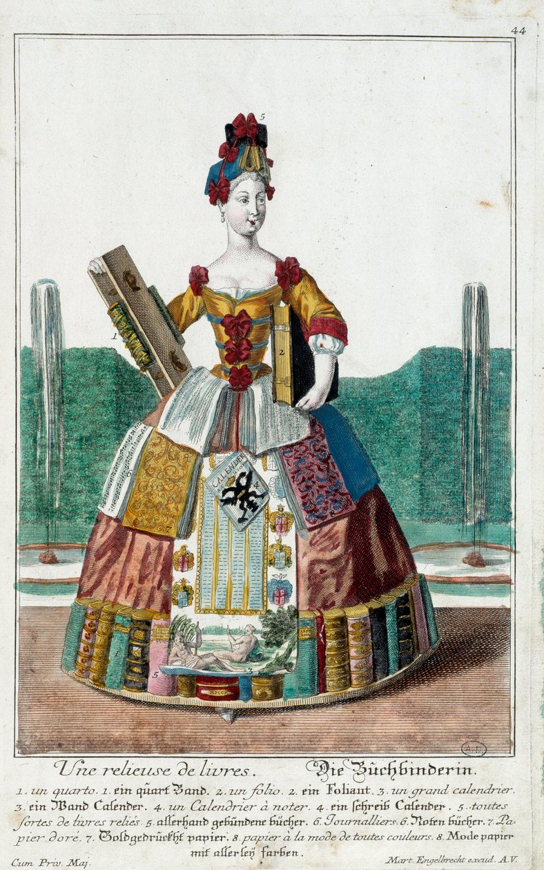 Métier: Un relieur. Gravure par Martin Engelbrecht (1684-1756), dans "Nouvelle assemblée des manouvries habillés" 18e siècle, Allemagne. Paris, Arts décoratifs - Martin Engelbrecht