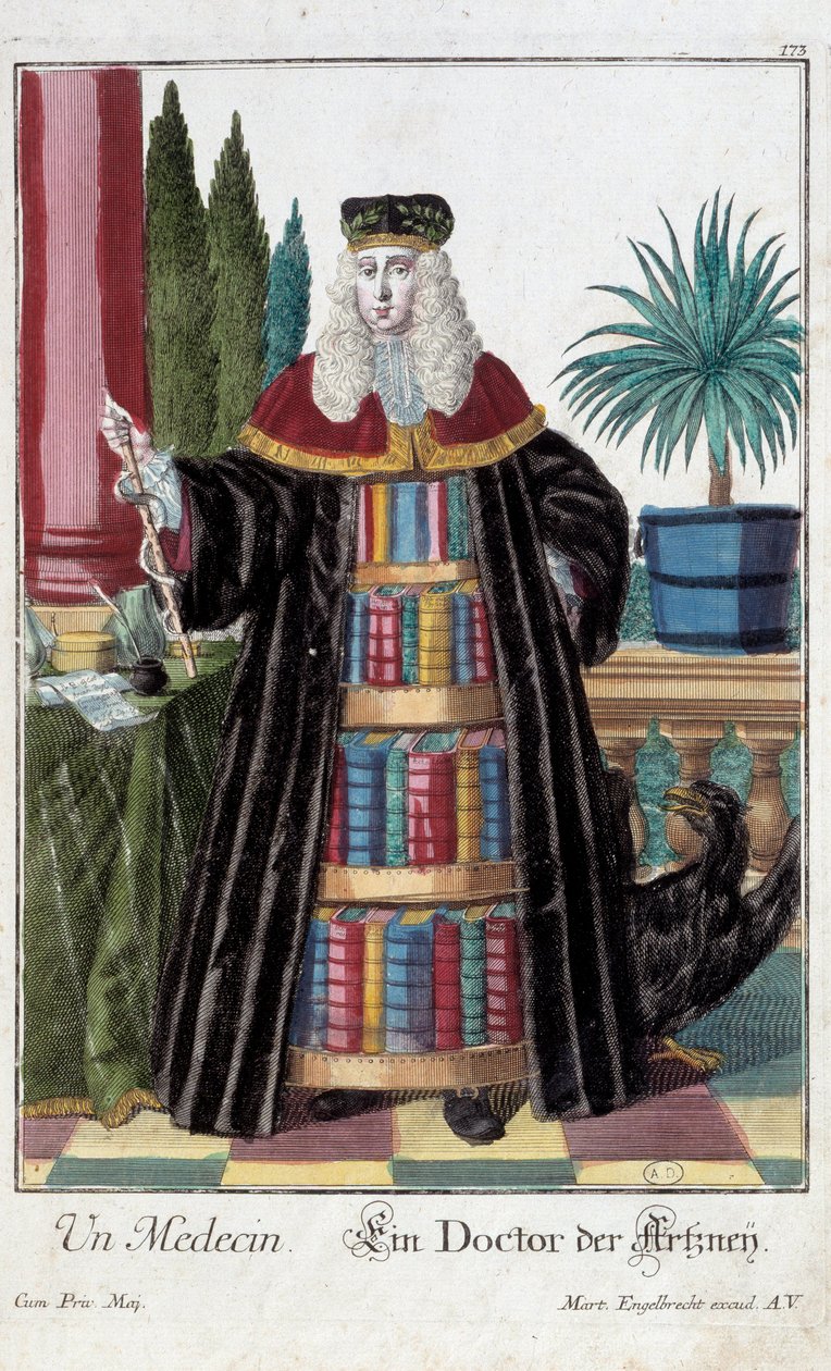 Métier : Un docteur. Gravure de Martin Engelbrecht dans "Nouvelle assemblée des manouvriers habillés" 18ème siècle, Allemagne. Paris, Arts décoratifs - Martin Engelbrecht
