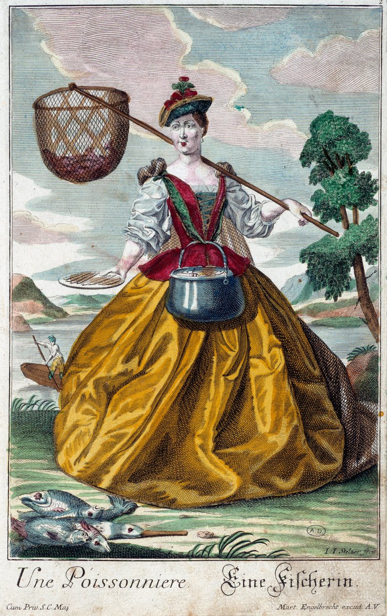 Métier : Un poisson. Gravure de Martin Engelbrecht (1684-1756), dans "Nouvelle assemblée des manœuvres habillés" XVIIIe siècle, Allemagne. Paris, Arts décoratifs - Martin Engelbrecht