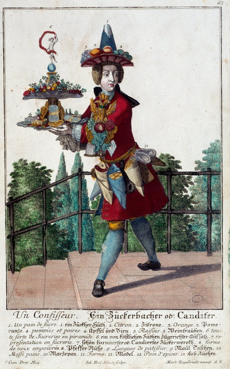 Le confiseur : un jeune homme tenant un plateau de bonbons et de confiseries. Gravure de Martin Engelbrecht (1684-1756) 18ème siècle. Paris, Arts décoratifs - Martin Engelbrecht