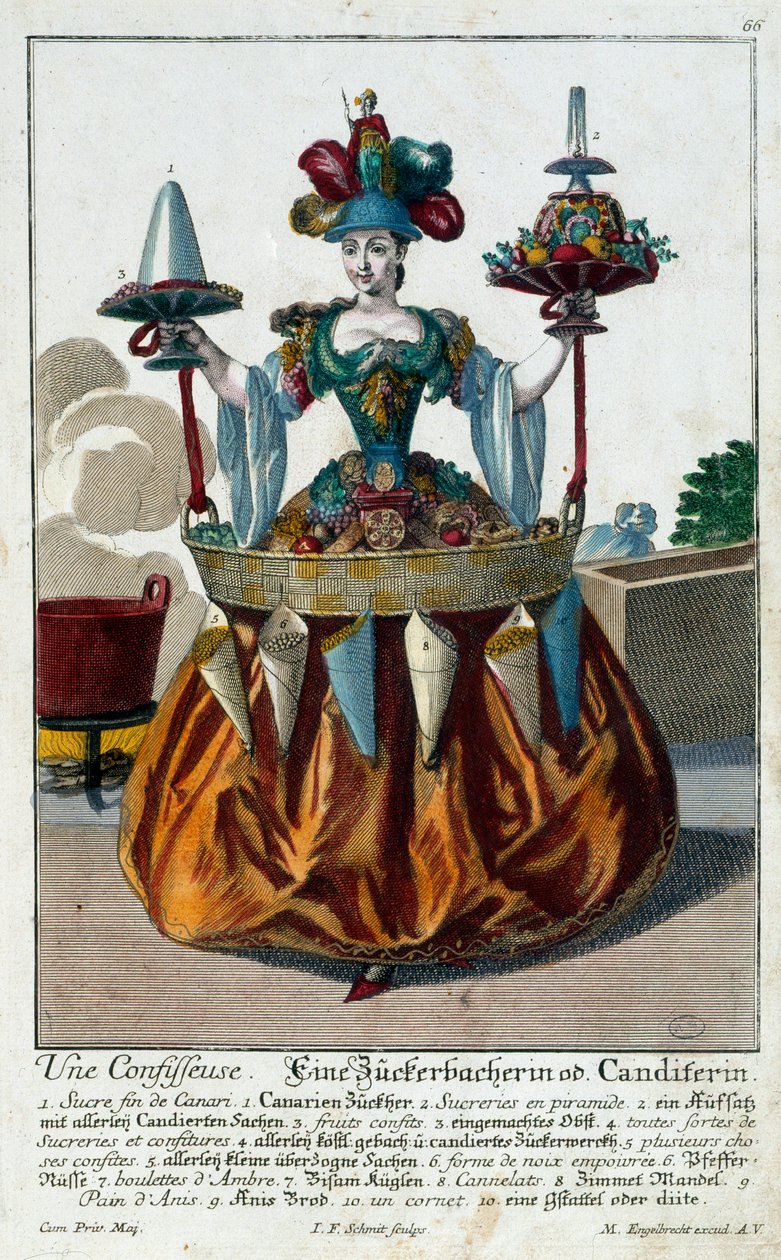 La confiseuse : une jeune femme tenant un plateau de bonbons et confiseries. Gravure de Martin Engelbrecht - Martin Engelbrecht