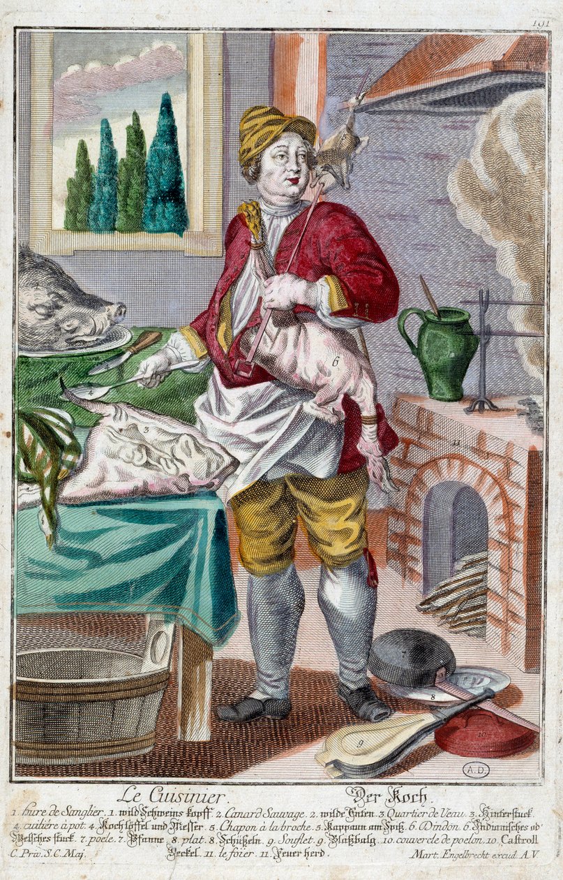 Le cuisinier. Gravure par Martin Engelbrecht (1684-1756), dans « Nouvelle assemblée des manœuvres habillées » 18e siècle, Allemagne. Paris, Arts décoratifs - Martin Engelbrecht