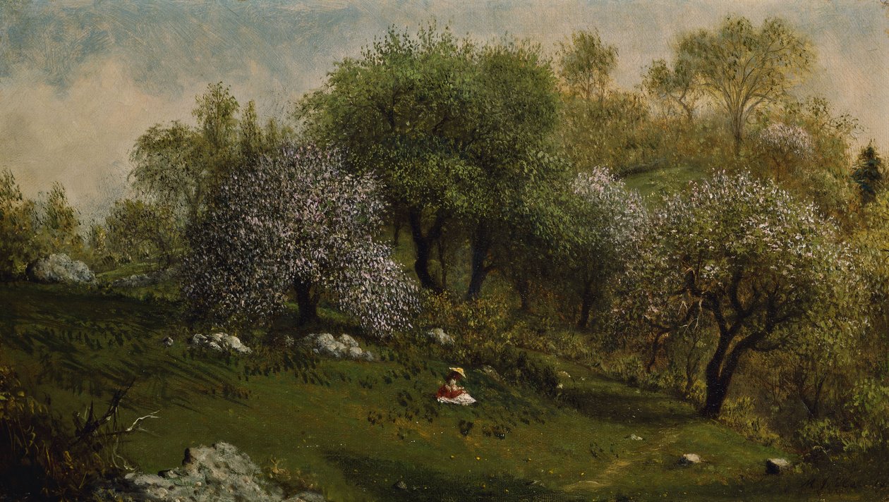 Fille sur une colline, fleurs de pommier - Martin Johnson Heade