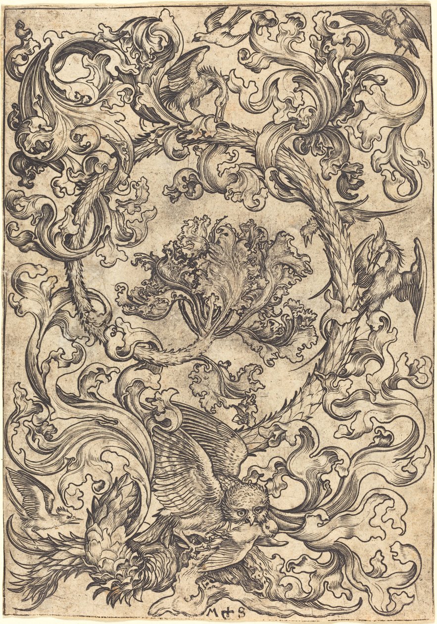 Ornement avec hibou moqué par les oiseaux diurnes - Martin Schongauer