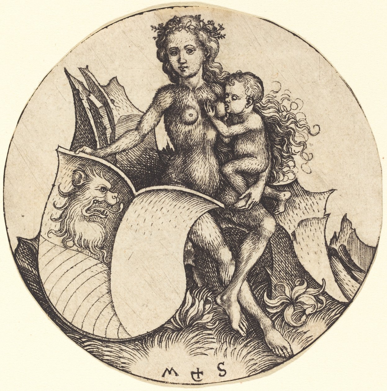 Bouclier avec tête de lion, tenu par une femme sauvage - Martin Schongauer
