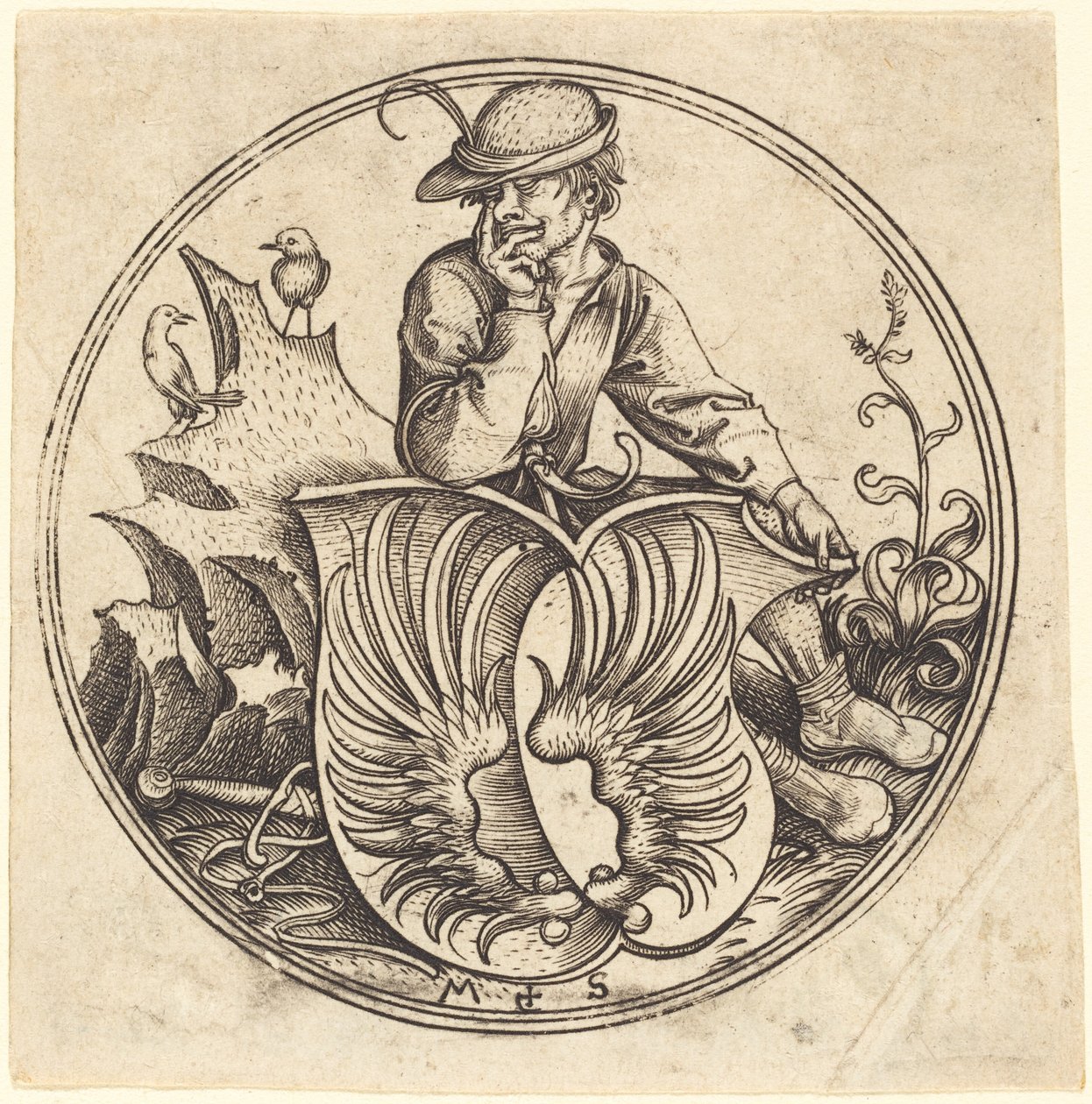 Bouclier avec ailes, tenu par un paysan - Martin Schongauer