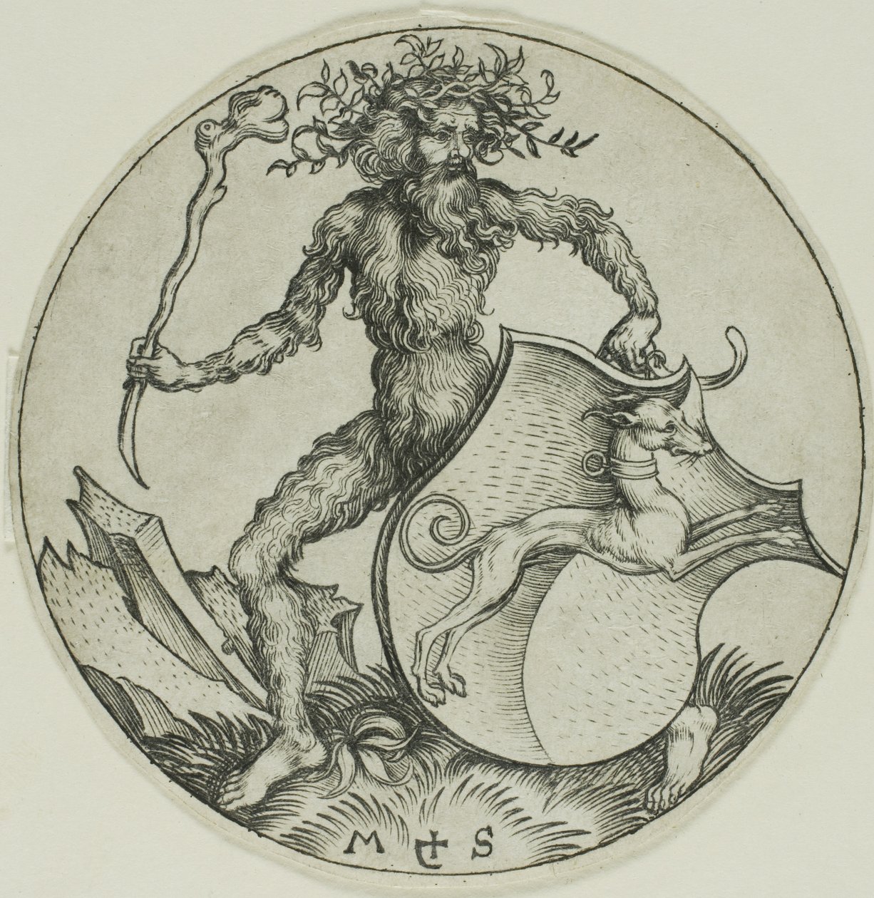 Bouclier avec un lévrier, tenu par un homme sauvage - Martin Schongauer