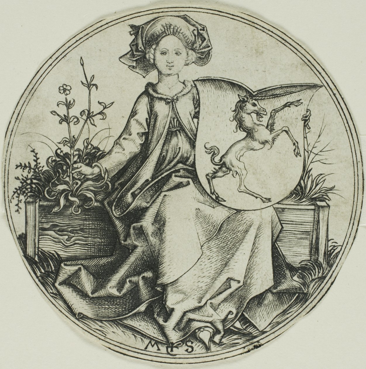 Bouclier avec une licorne, tenu par une dame - Martin Schongauer