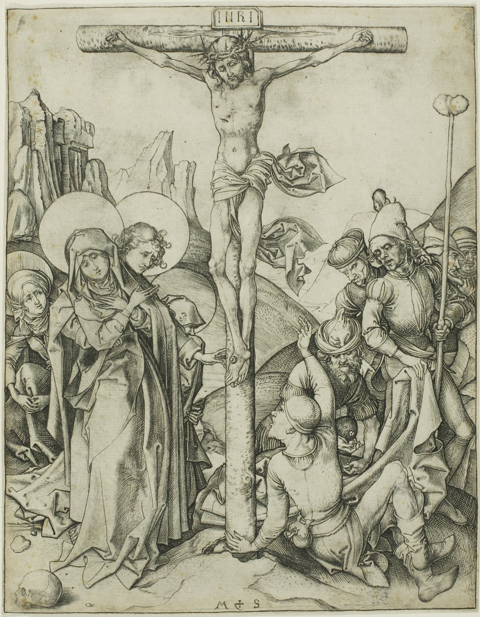 La crucifixion avec les saintes femmes, saint Jean et les soldats romains - Martin Schongauer