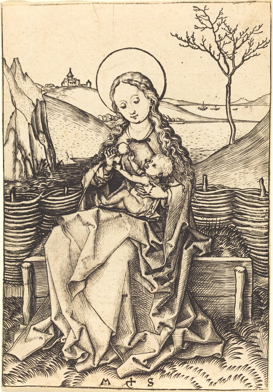 Vierge et enfant sur un banc herbeux - Martin Schongauer