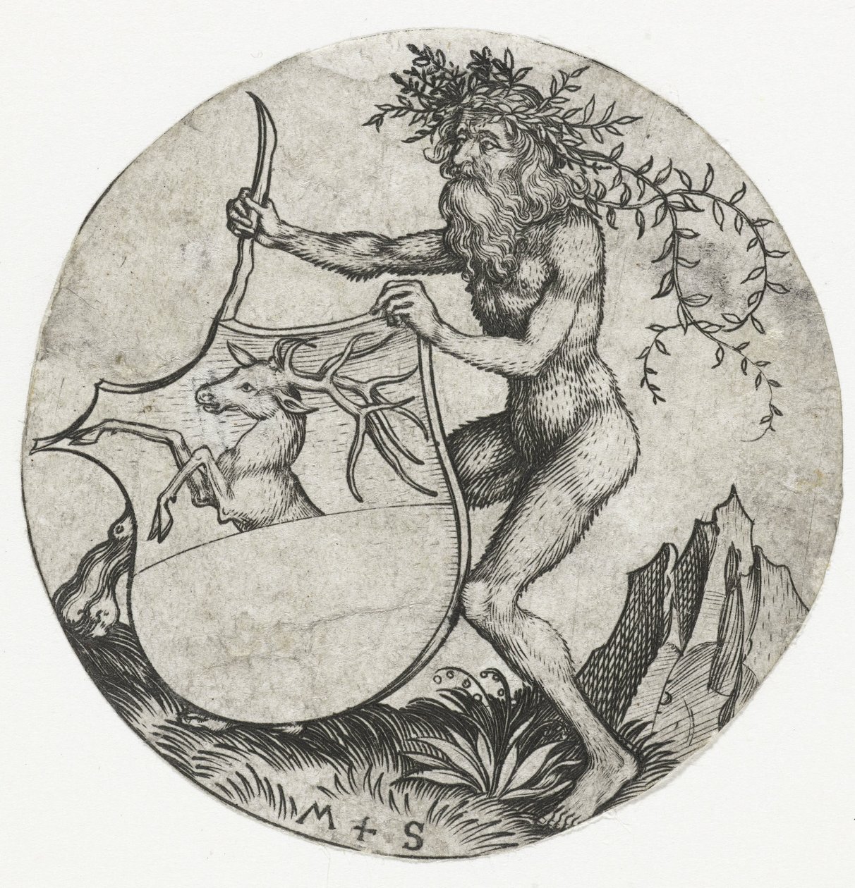 Blason avec un cerf, tenu par un homme sauvage avec une massue - Martin Schongauer