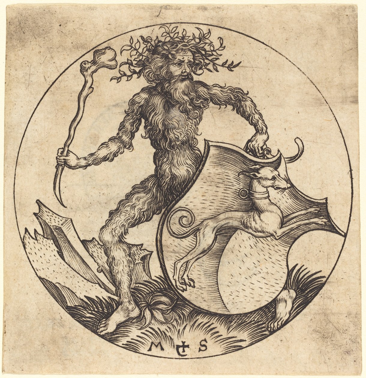 Homme sauvage tenant un bouclier avec un lévrier - Martin Schongauer