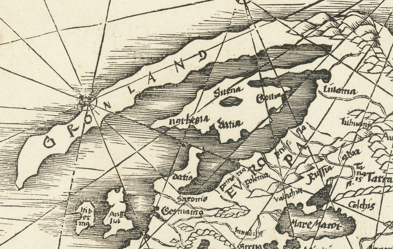 Carte de la mer du Nord de 1513 montrant le Groenland relié à la Scandinavie - Martin Waldseemuller