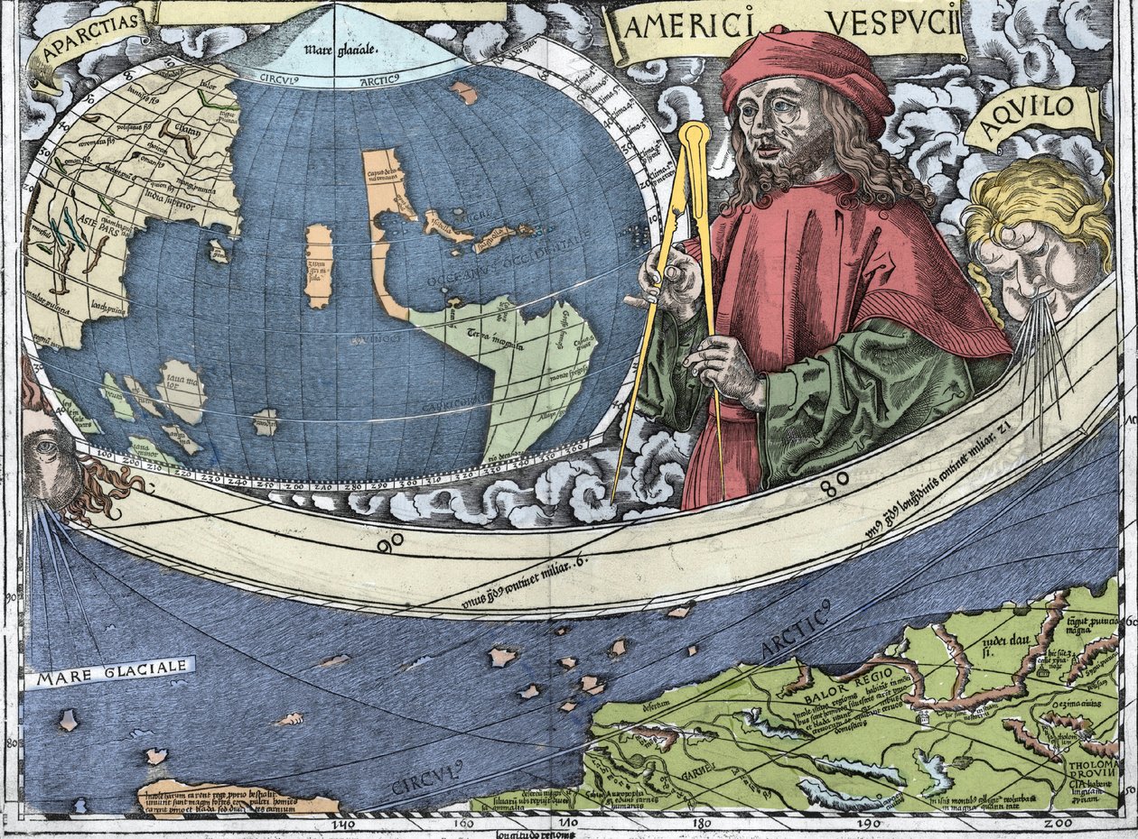 VESPUCCI, Amerigo (1454-1512). Explorateur et cartographe italien dans "Carte de Waldseemüller ou Cosmographia Universalis - (Cosmographie Universelle) - Planisphère de Waldseemüller" - 1507 - Martin Waldseemuller