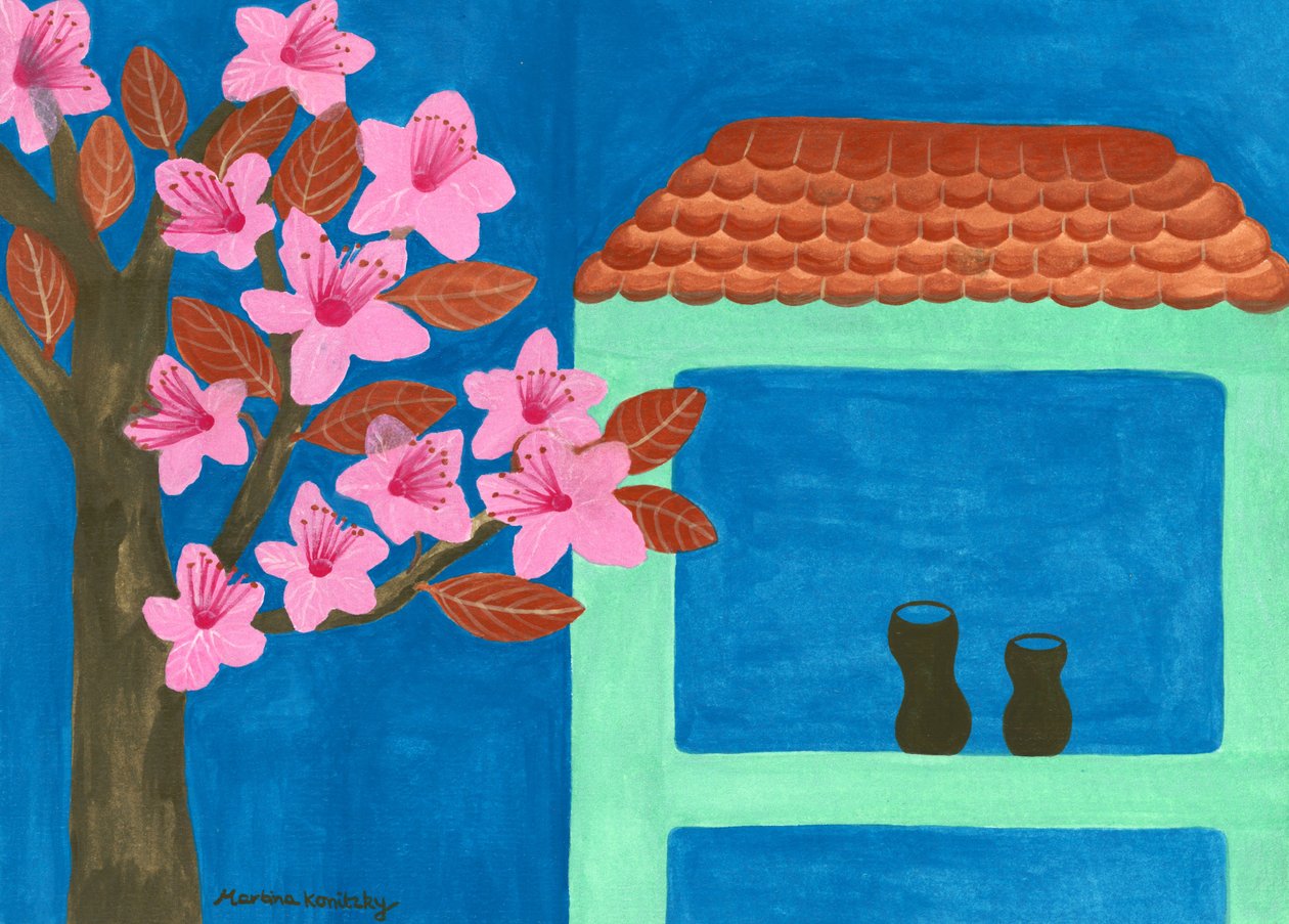 Le prunier en fleurs à la maison vert menthe - Martina Konitzky