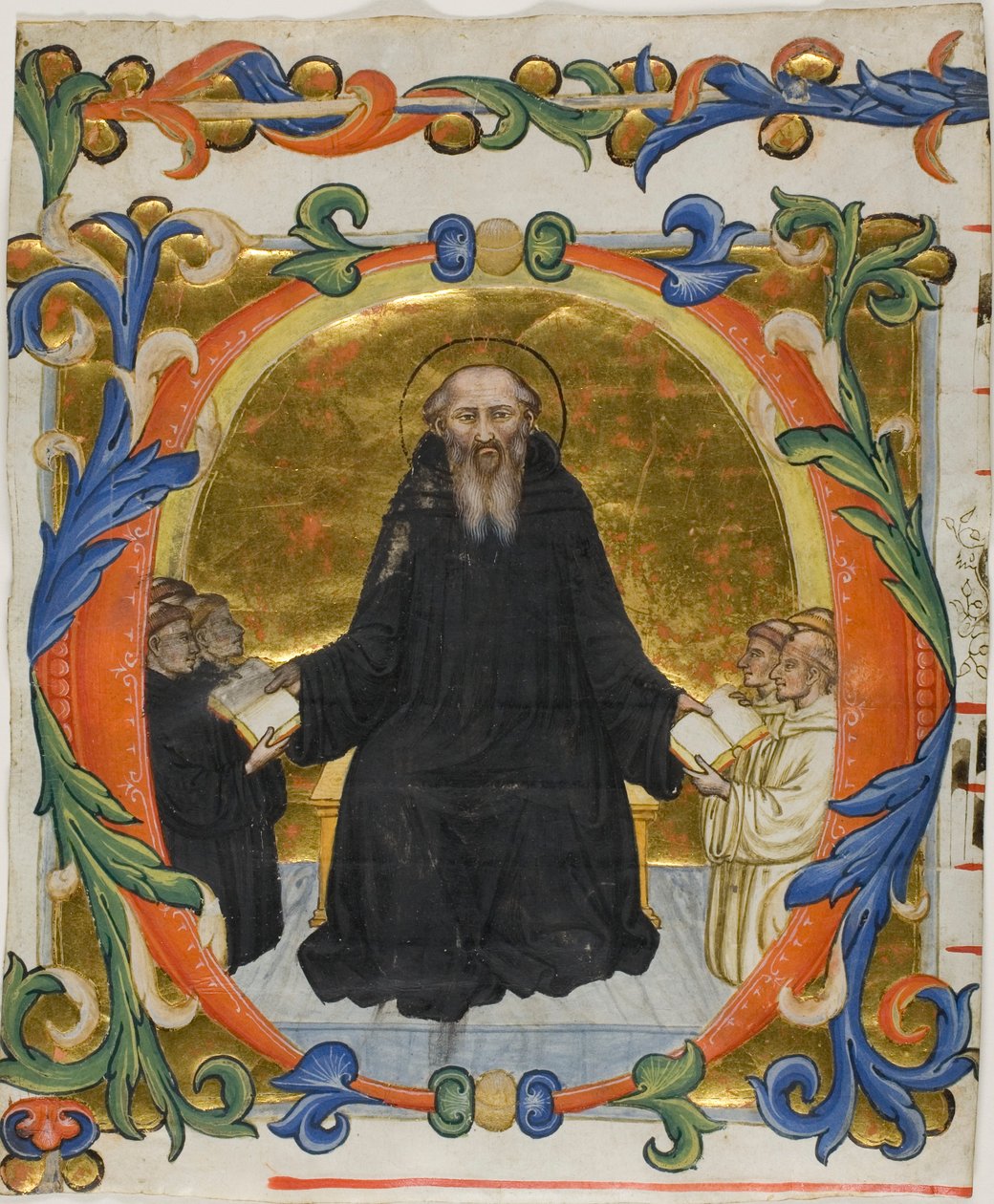 Saint Benoît présentant sa règle aux moines bénédictins et cisterciens dans une initiale historiée "O" d