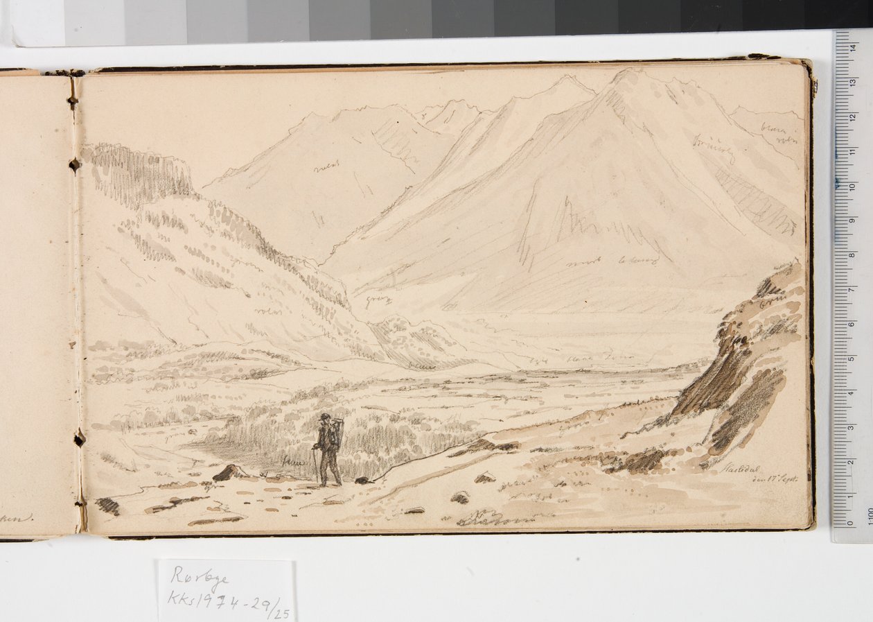 Paysage montagneux avec trois hommes se reposant dans l