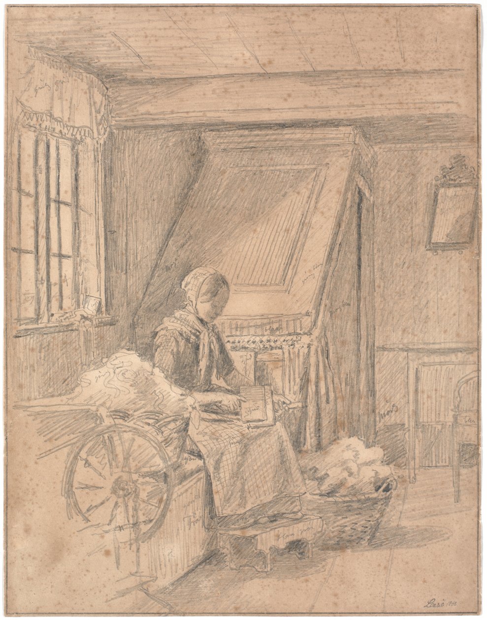 Maison paysanne avec une fille cardant de la laine - Martinus Rørbye