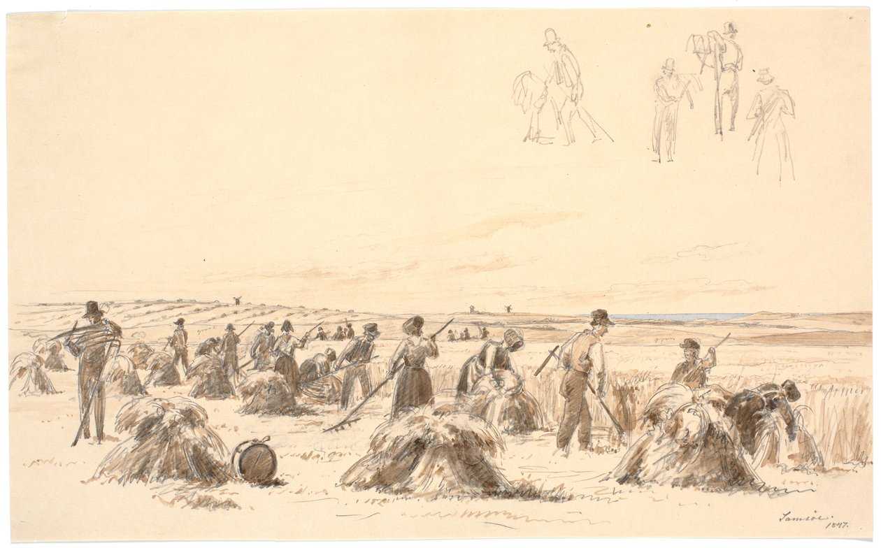 Travailleurs des champs. En arrière-plan, moulins et mer - Martinus Rørbye