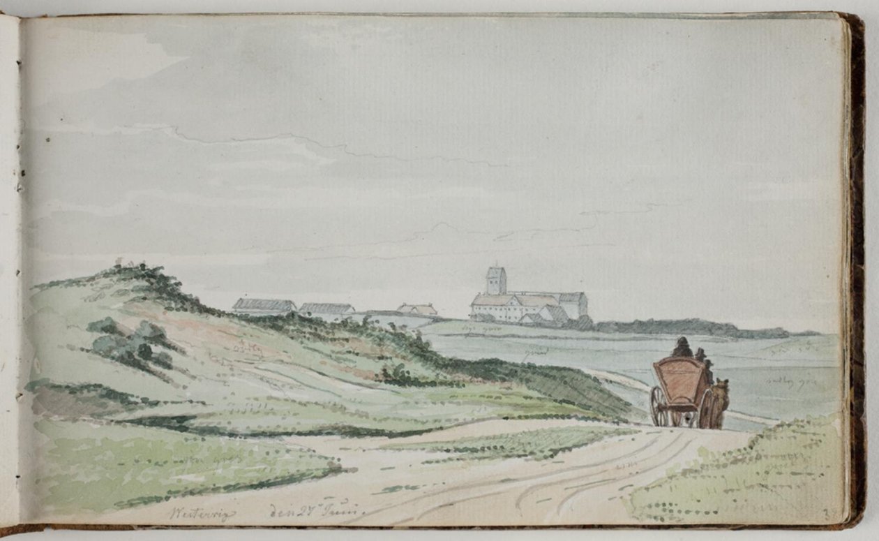 Vue sur un paysage. Au premier plan, un chemin de campagne avec une calèche ; à l