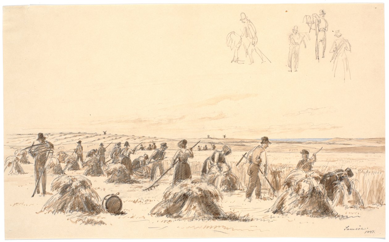 Travailleurs des champs. En arrière-plan, moulins et mer - Martinus Rørbye