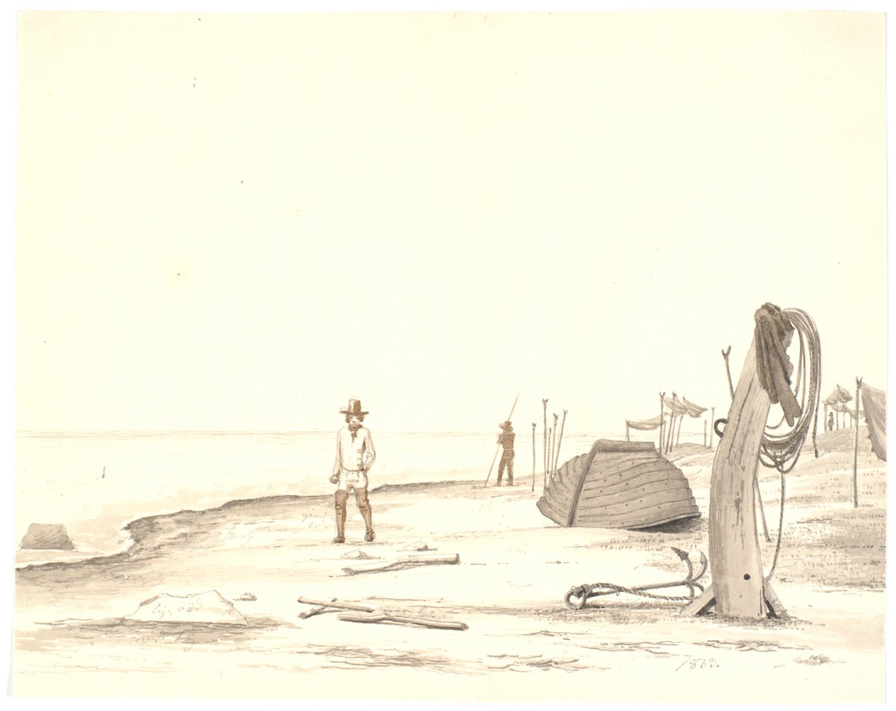 Scène de plage avec bateau renversé et deux pêcheurs - Martinus Rørbye