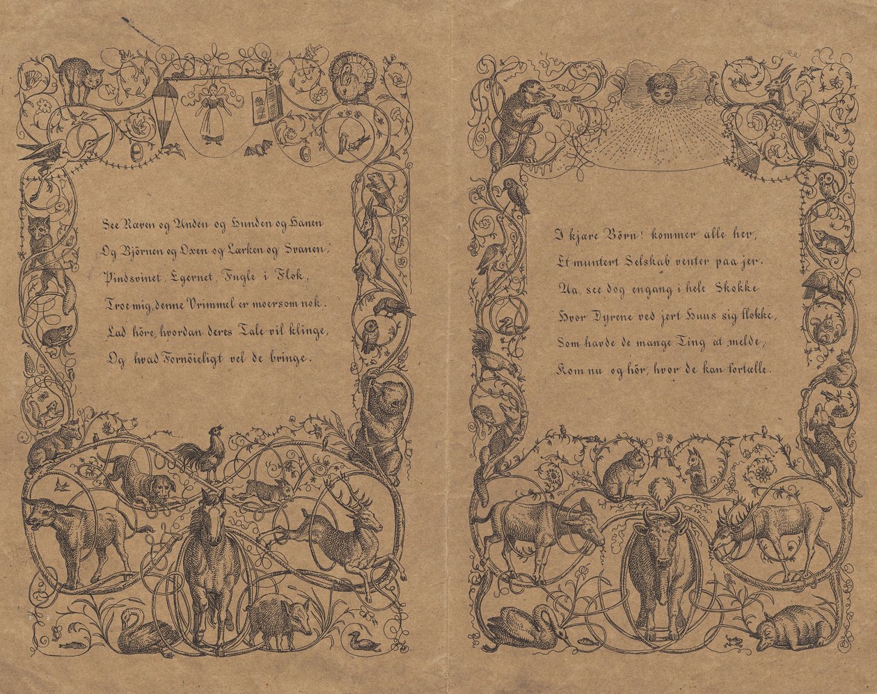 Deux couvertures avec ornement de chaîne enroulée avec des animaux pour "Cinquante fables pour enfants" avec texte - Martinus Rørbye
