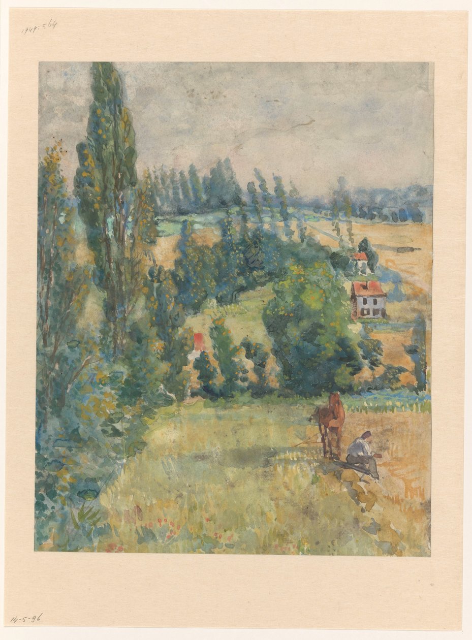 Paysage avec un fermier au repos près d