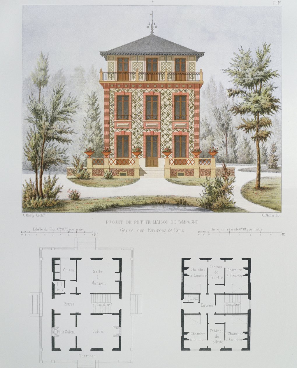 Projet pour une petite maison de campagne près de Paris, gravé par Walter, planche 18 de Architecture Pittoresque et Moderne - Marty