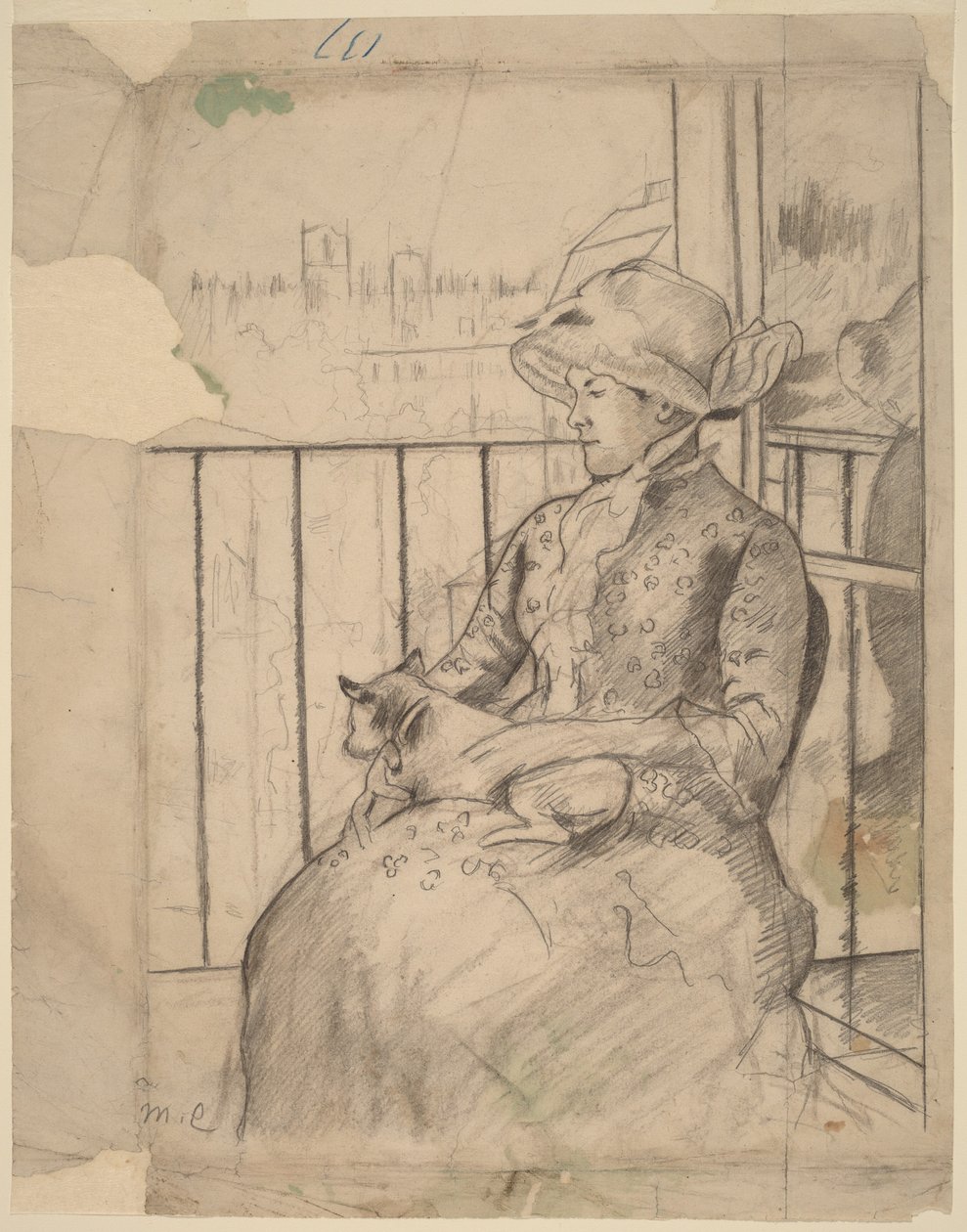 Susan sur un balcon tenant un chien [recto] - Mary Cassatt