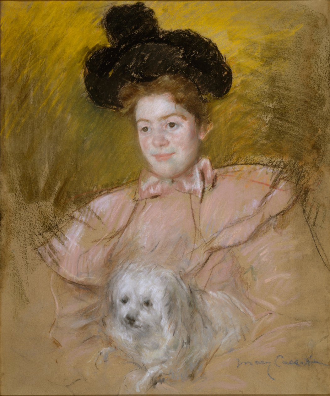 Femme déguisée en framboise tenant un chien dans ses bras - Mary Cassatt