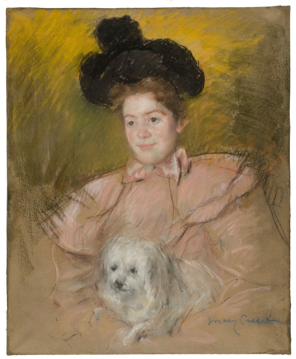Femme en costume framboise tenant un chien, vers 1901 - Mary Cassatt