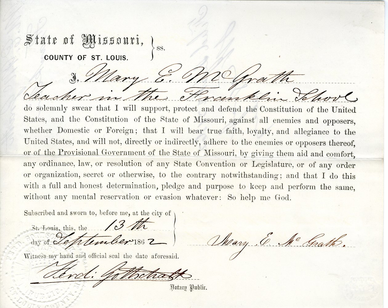 Serment de loyauté de Mary E. McGrath du Missouri, Comté de St. Louis - Mary E. McGrath