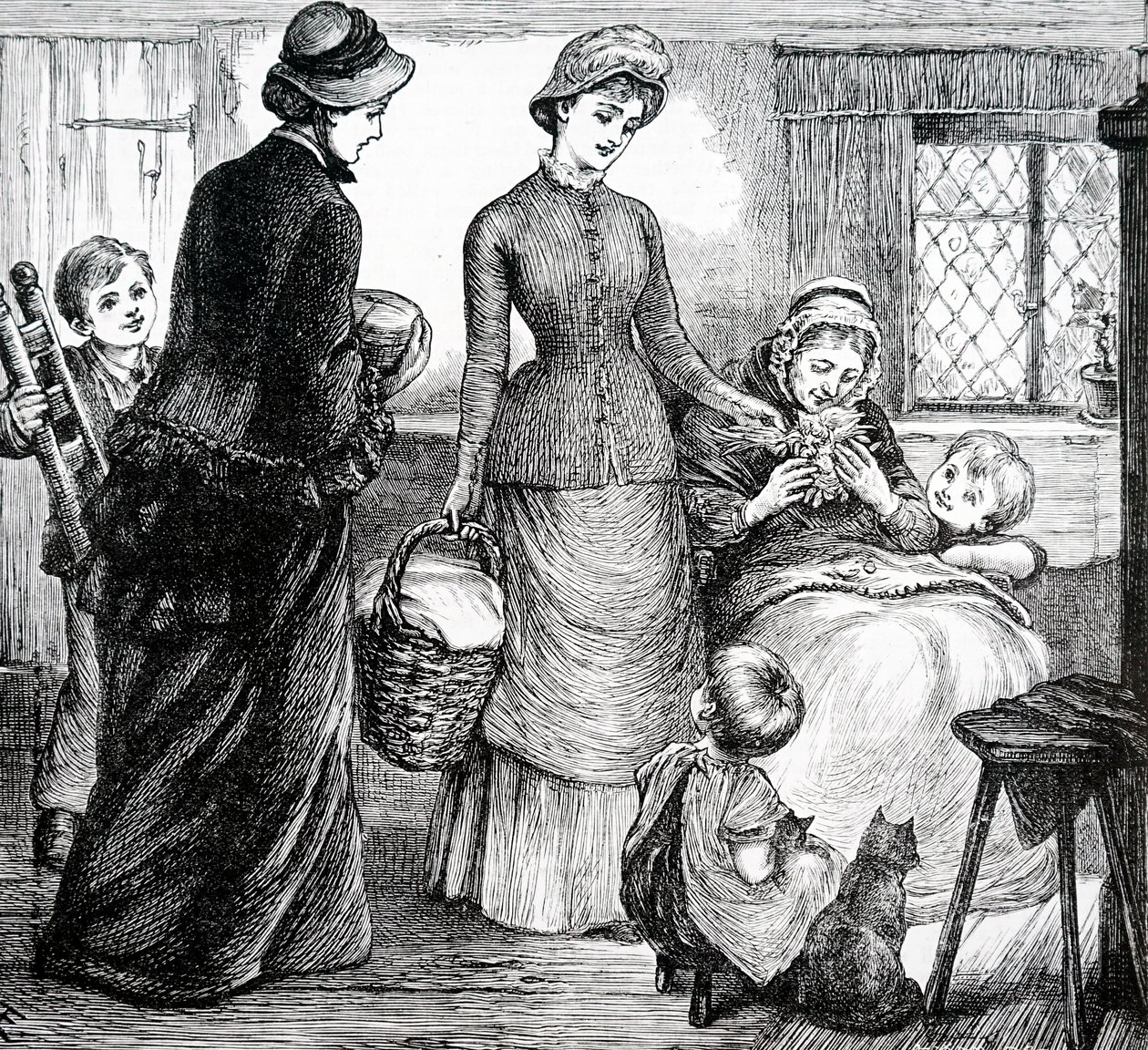 Une femme offrant des cadeaux à un pauvre paysan. Par Mary Ellen Edwards (1838-1934) une artiste anglaise - Mary Ellen Edwards
