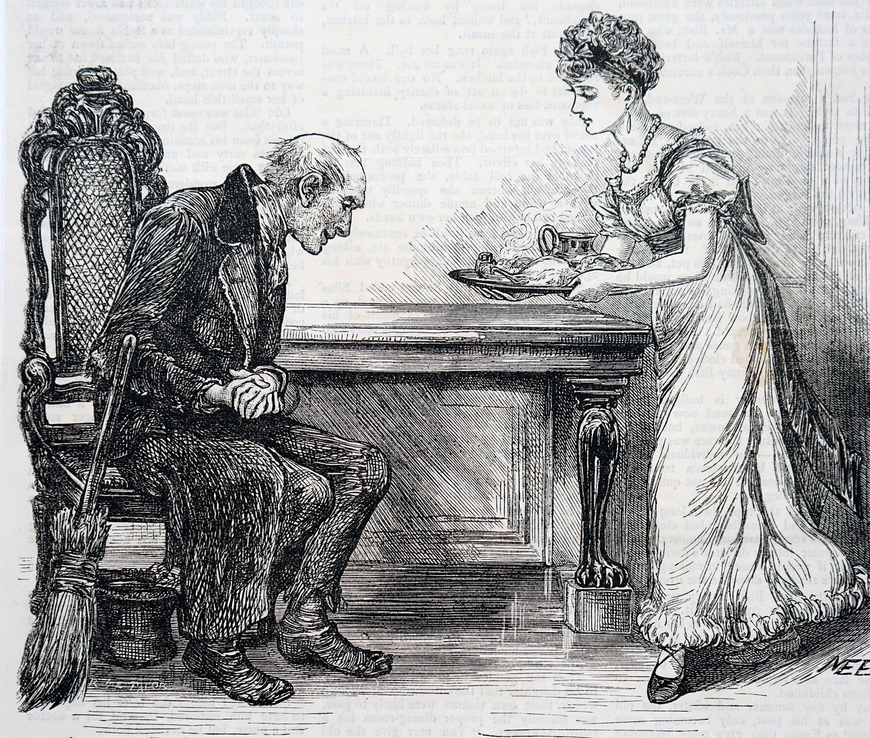 Une femme donnant un dîner chaud au balayeur. Par Mary Ellen Edwards (1838-1934) une artiste anglaise - Mary Ellen Edwards