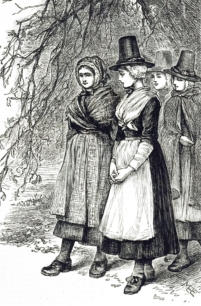 Gravure représentant des filles galloises à une foire de Hollantide, une foire de recrutement, attendant d