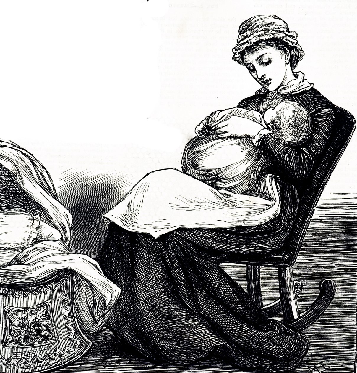 Gravure représentant une mère berçant son bébé. Illustré par Mary Ellen Edwards (1838-1934) une artiste anglaise et illustratrice prolifique de livres pour enfants - Mary Ellen Edwards